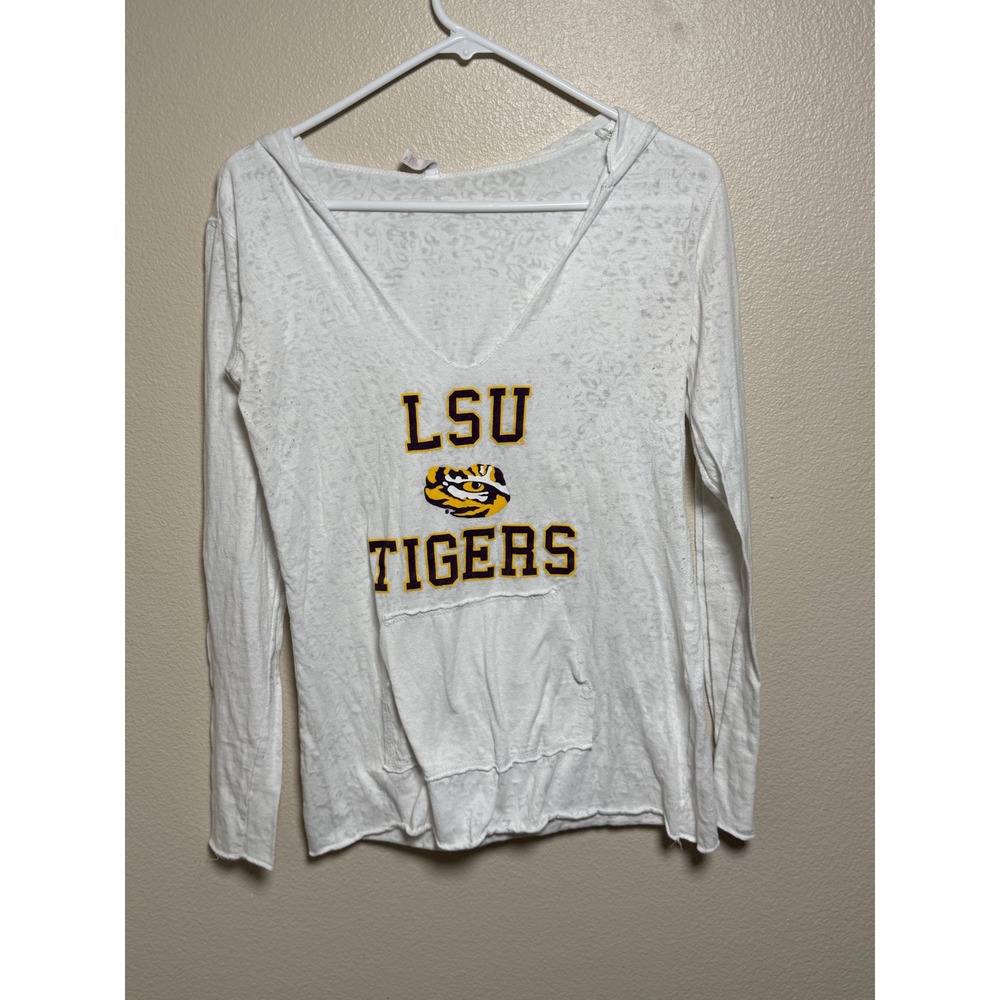 LSU Tigers Women White Burnout Leopard Print Lightweight Hoodie V-Neck Medium